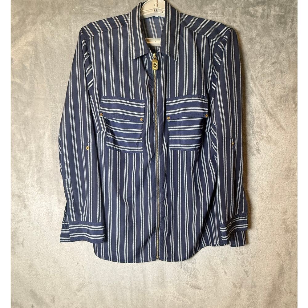 Michael Kors Zip Front Blouse Womens M Blue White Stripe Utility Shirt Gold Zip